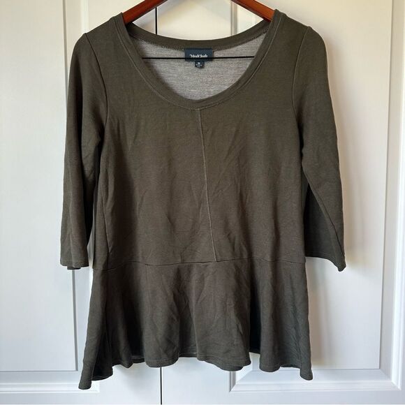 ModCloth Size M 3/4 Sleeve Scoop Neck Peplum Army Green Top - Picture 2 of 4